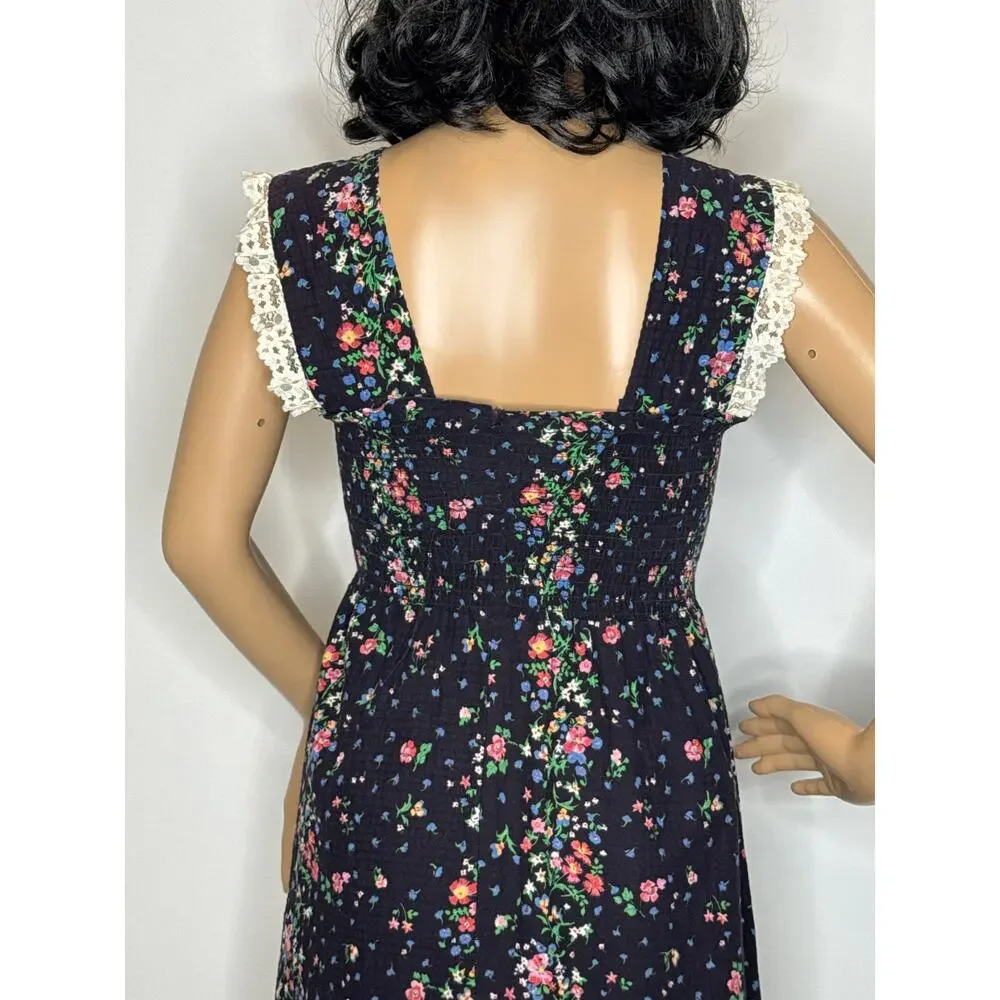 Vintage 70s The Fig Leaf Floral Smocked Cottagecore Prairie Midi Cotton Dress XS